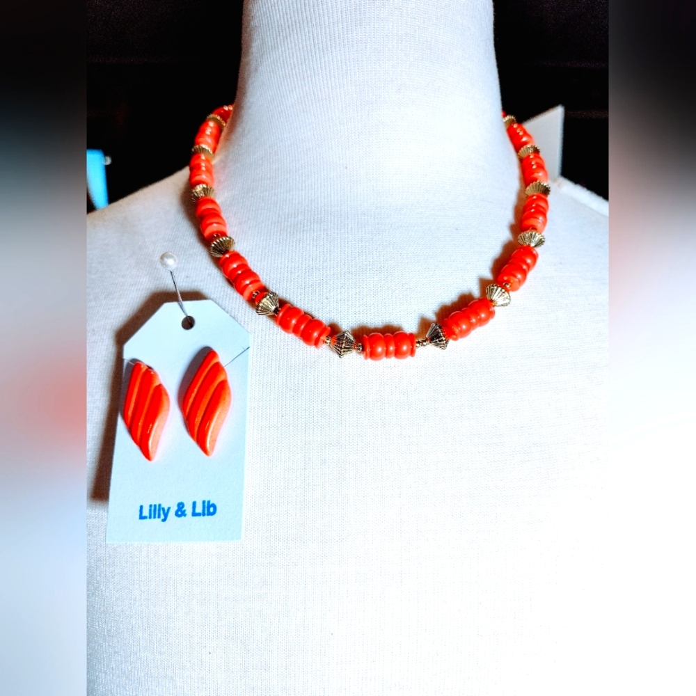 Coral Gold Beaded Necklace and Earring Set